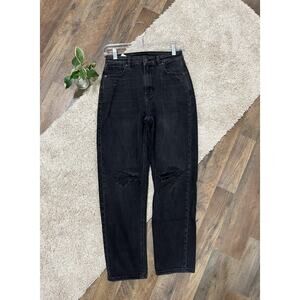 American Eagle 2 Black Distressed Whiskered High-Rise Cropped Mom Straight Jeans